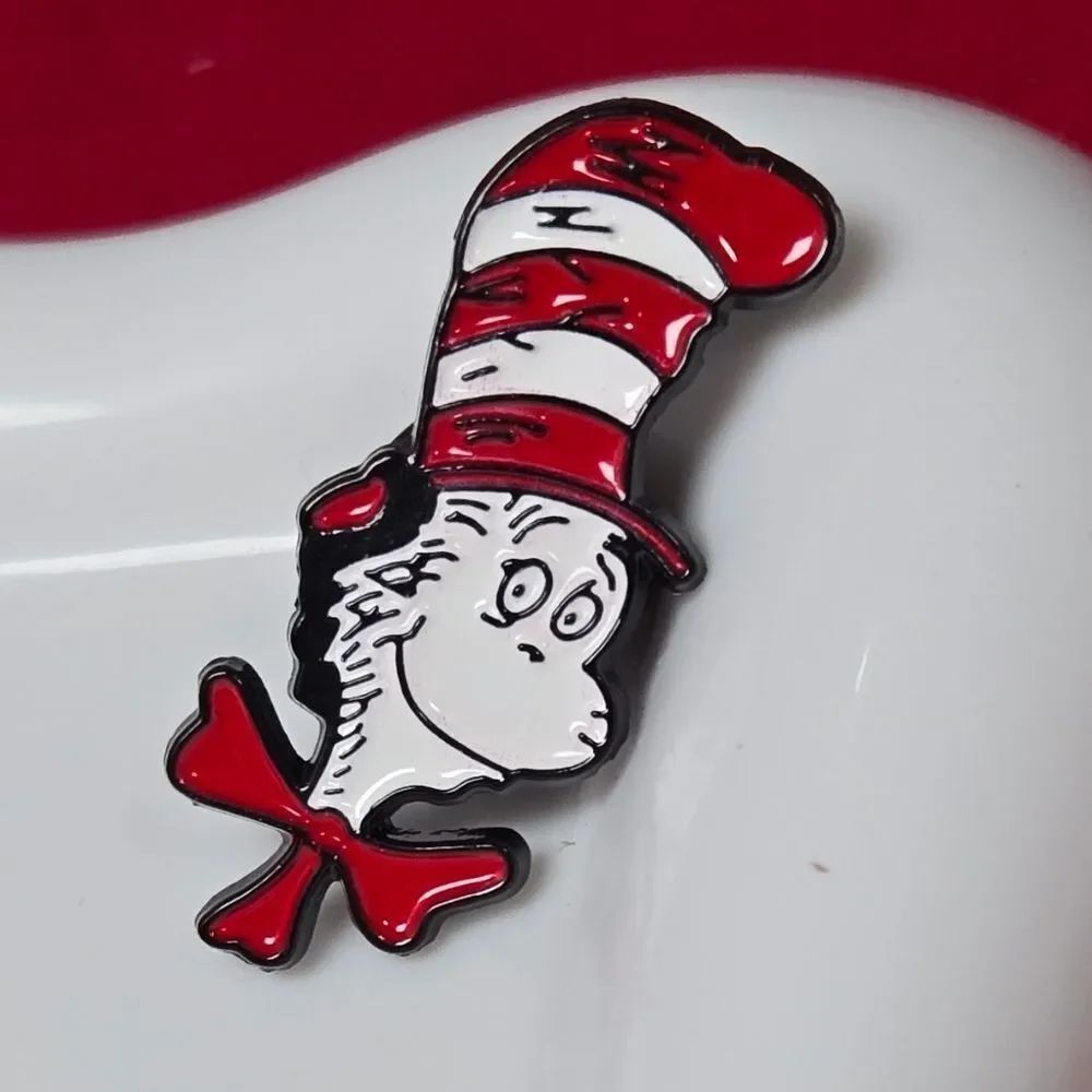 Dr. Seuss Cat in the Hat Enamel Lapel Pin Black Metal Iconic Red White Stripes